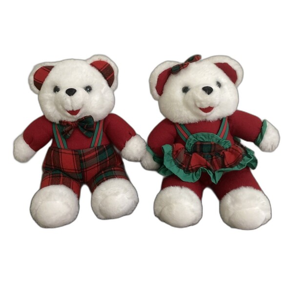 Other - TB Trading Co Boy Girl White Teddy Bears Plush Christmas Red Green Plaid